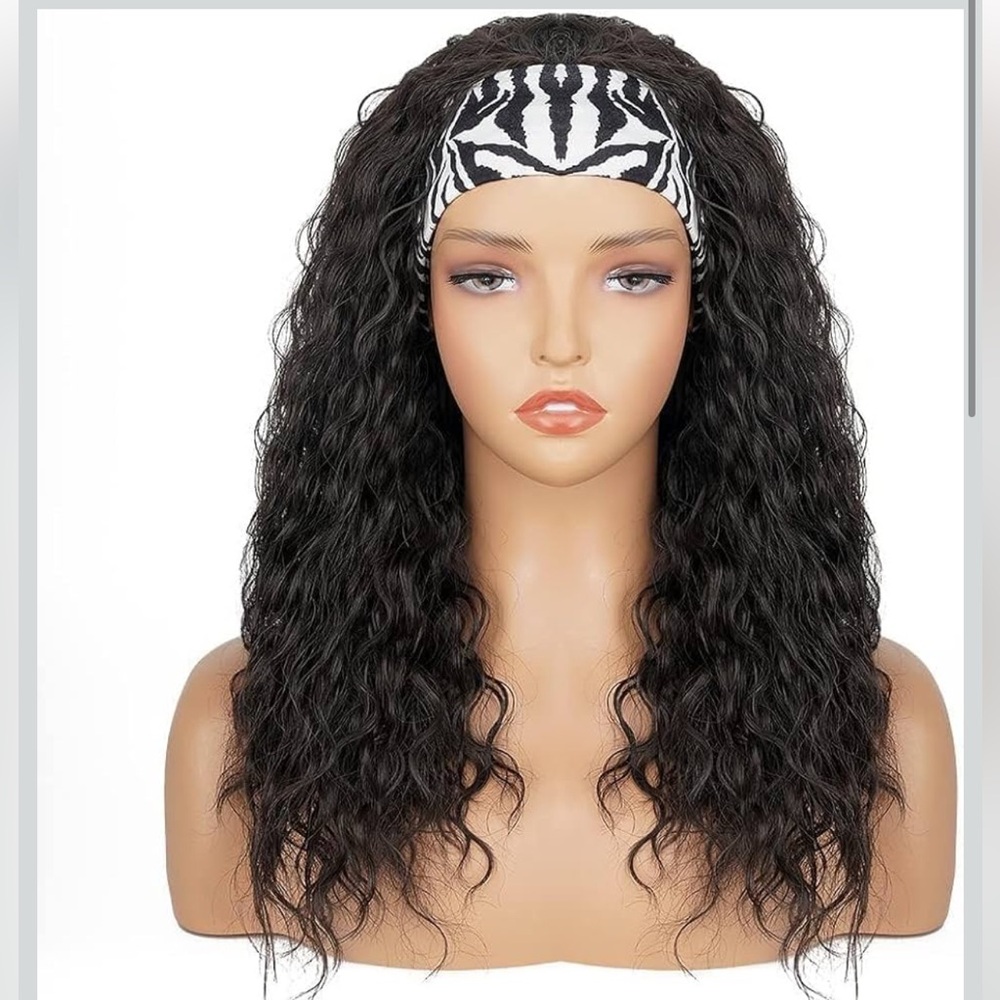 Black Wavy Hair Wig with Orange Headband - Picture 2 of 5
